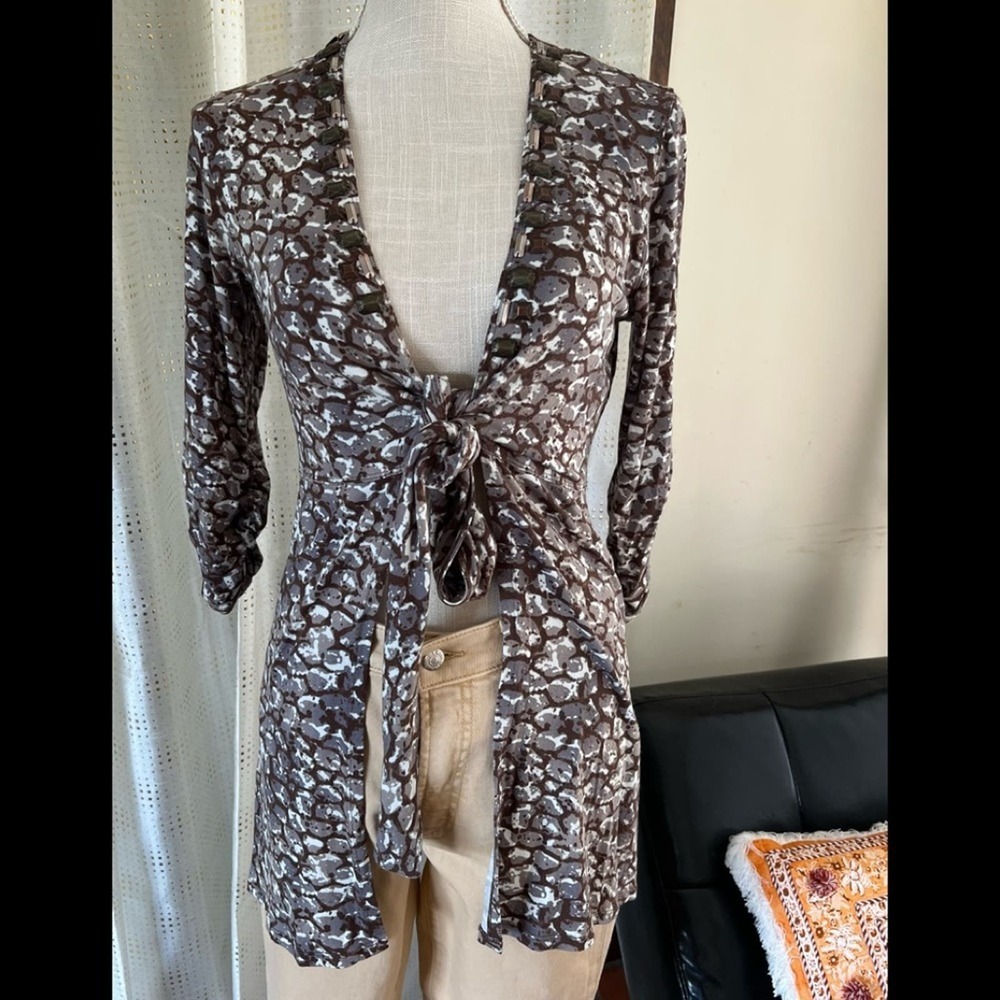 Cabi Brown Print Tie Front Cardigan with Jewels Size Small